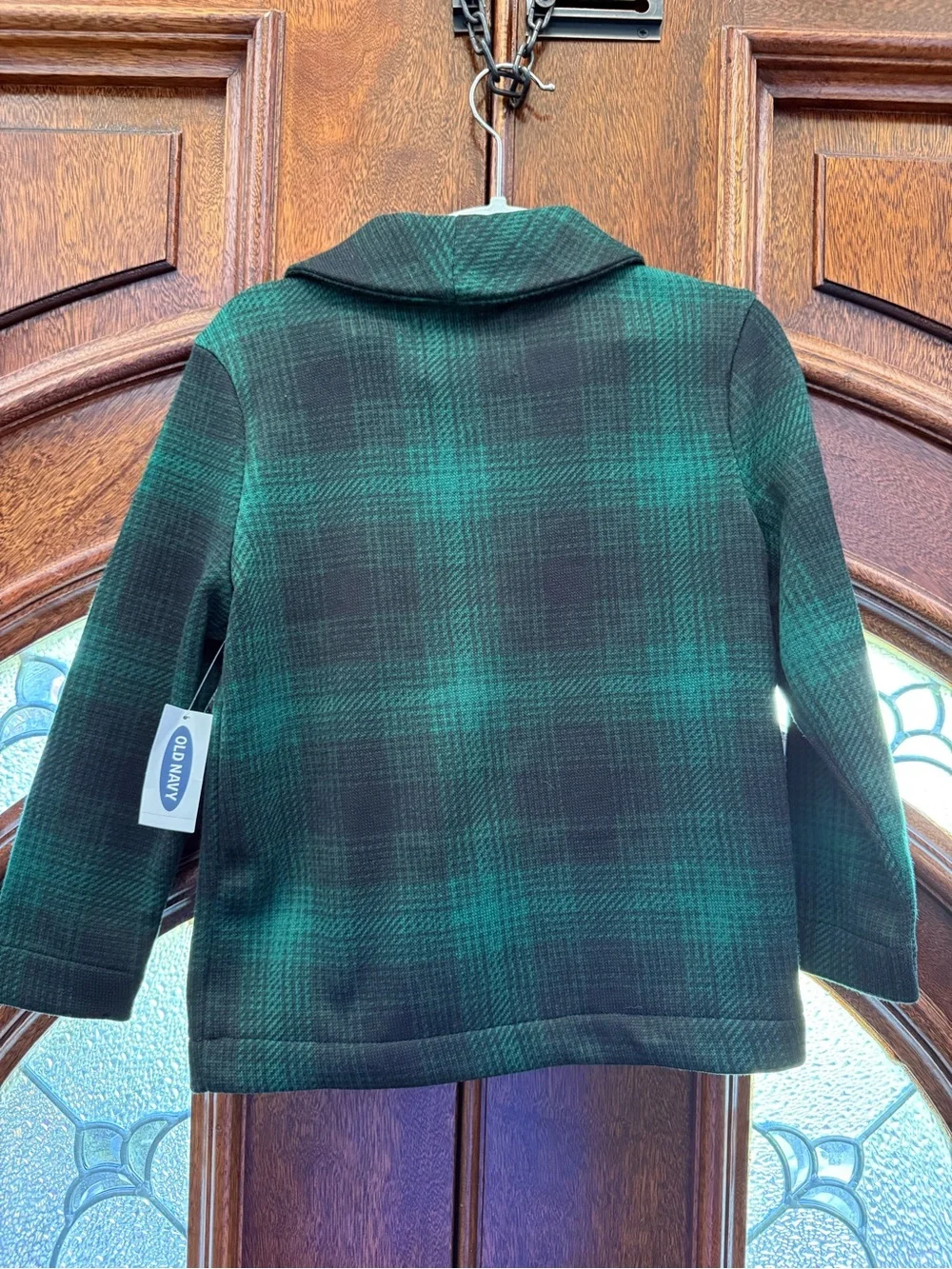 Old Navy Green and Black Plaid Shawl-Collar Kids Jacket